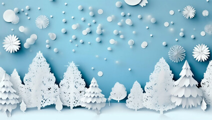 blue merry christmas paper snowflakes background tree art origami template winter. Generative AI.