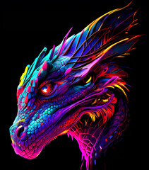 Dragon in abstract, graphic highlighters lines rainbow ultra-bright neon artistic portrait, commercial, editorial advertisement, surrealism. Isolated on dark background