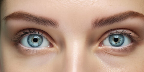 Young beautiful woman with blue eyes, closeup detail to her face, both iris visible. Generative AI