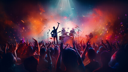 band concert scene seen from fans rippling jumping - obrazy, fototapety, plakaty