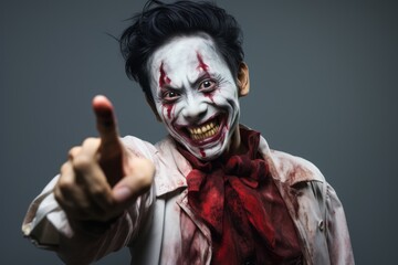 Portrait of an asian man wearing scary clown makeup who points his finger at the camera, on a solid plain background