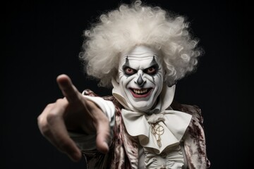 Portrait of a middle-aged man wearing scary clown makeup who points his finger at the camera