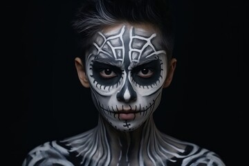 Close-up portrait of a young asian boy with makeup as skeleton with a scary Halloween face on a solid plain background