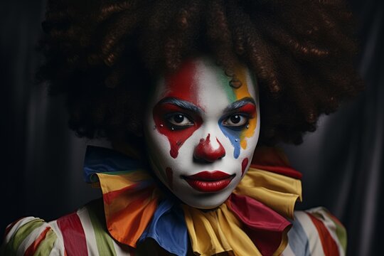 Close-up portrait of black afro-american woman colored as a scary clown for Halloween face on a solid plain background