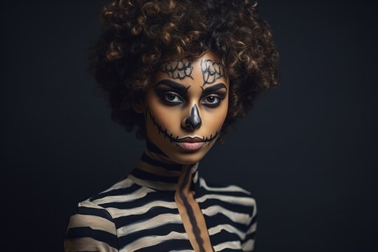 Portrait Of A Beautiful Black American Woman With Halloween Makeup On A Solid Plain Background