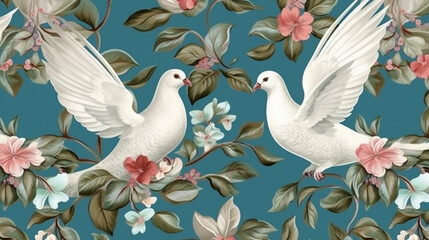 Dove with flowers and leaves in vintage style seamless pat