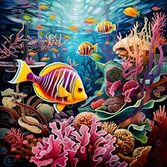 Fototapeta na wymiar Colourful fishes ad reef in water 