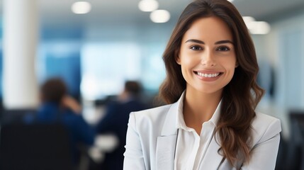 Obraz premium Portrait of young businesswoman smiling at camera in office. Business people concept