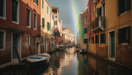 Venetian canal architecture reflects vibrant colors of illuminated buildings at dusk generated by AI