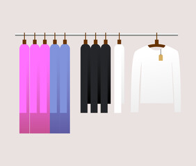 Women's clothes on hangers. Sweaters different color. Vector
