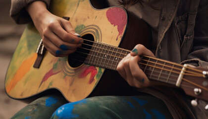 Obraz premium One Caucasian guitarist plucking an acoustic guitar, enjoying leisure activity generated by AI