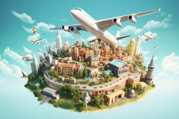 concept illustration earth travel city map global europa globe plane. Generative AI.