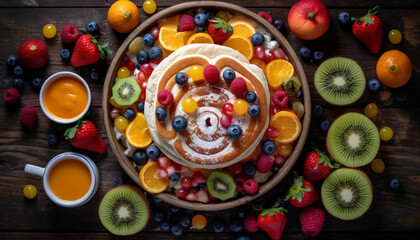 Fototapeta na wymiar Freshly baked homemade pancake with multi colored berry variation and yogurt generated by AI