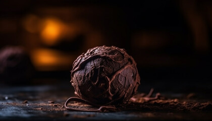 Rustic homemade chocolate truffle indulgence on wooden table with fruit generated by AI