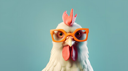 Creative animal concept. Chicken hen in sunglass shade glasses isolated on solid pastel background, commercial, editorial advertisement, surreal surrealism.