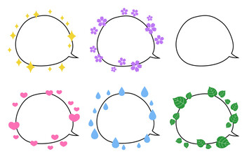 ハート・星・花・葉・キラキラがついた吹き出しのシンプルなイラストセット