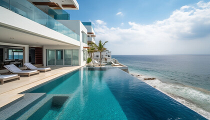 Tranquil luxury at tropical poolside villa with stunning coastal landscape generated by AI