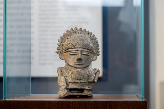 Bogota, Colombia - January 8, 2023: Pre-Hispanic stone sculpture of a Muisca chief displayed at the National Museum