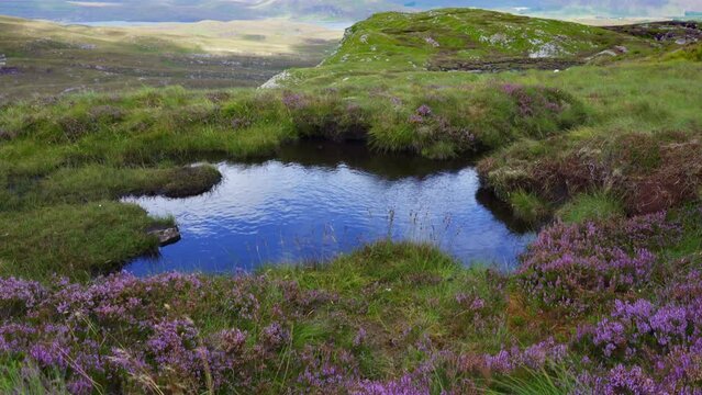 Small lake at the top of the green mountains near Ullapol, Scotland, UK.
