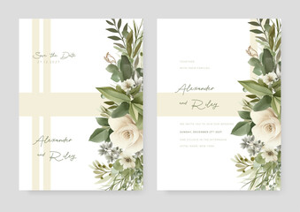 White and green rose modern wedding invitation template with floral and flower