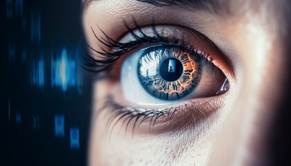 Blue eyed woman looking at camera with close up macro beauty generated by AI