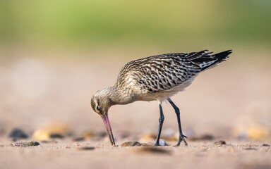 Bar-tailed Godwit, Limosa lapponica, bird feeding on the beach at low tide