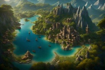 Fantasy continent with rolling hills, dense forests, vast mountains, serene lakes, winding rivers,...