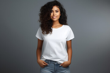 Young beautiful afroamerican woman model with dark curly hair in white t-shirt posing on light grey background