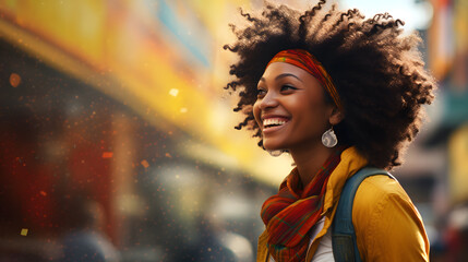 Obraz premium Beautiful young smiling afroamerican woman with curly hair portrait