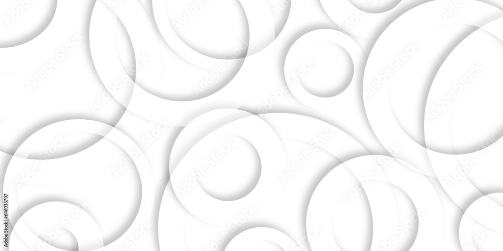 Poster Modern abstract white background with circles. White bubble.Random shifted white circle background wallpaper banner pattern with copy space Abstract blank geometric circle with drop shadow background.