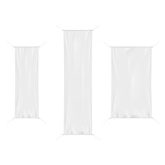 White blank hanging fabric banner on metal pole frame. Vector mockup set. Empty vertical vinyl poster mock-up kit. Template for design
