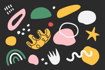 Set of abstract bright colored shapes of different sizes and shapes. Modern and trendy Background. Isolated. Clouds and zigzags, flowers. Vector stock illustration. Scribble. Curvature and angularity.