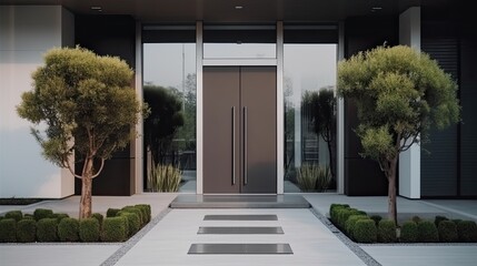 Modern House Facade Main Entrance of Living Building Door of Luxury Building with Backyard in Front