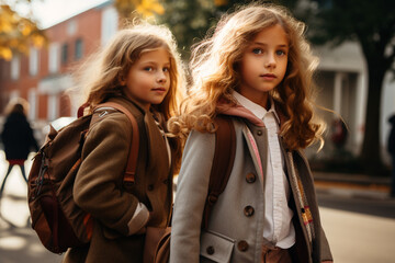 two little girls going to school, candid