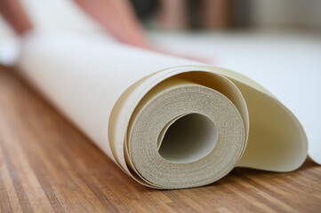 Close-up of a white roll of wallpaper. - 646037144