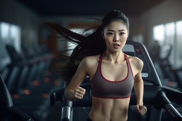 Fototapeta premium Young woman Asia in sportswear running on treadmill at gym, woman workout in gym healthy lifestyle