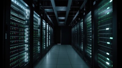 Fototapeta premium Platform for Hosting Contemporary Internet Contents Rack Housing Server Data Storage Hardware The Equipment in the Data Center Is Connected by a Lot of Network Cables