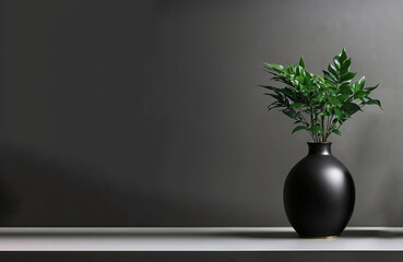 black vase with plant on shelf. ai generative