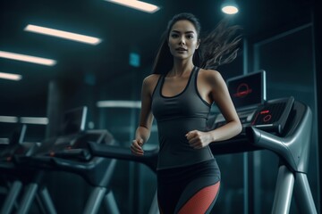 Fototapeta na wymiar Young woman Asia in sportswear running on treadmill at gym, woman workout in gym healthy lifestyle
