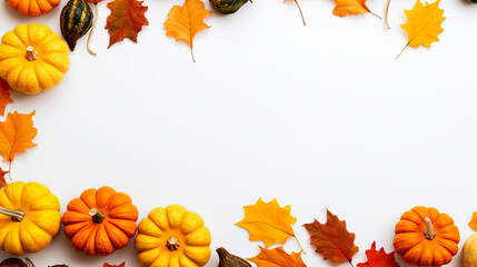 Fototapeta premium Harvest or fall texture for Thanksgiving. Pumpkins, leaves and warm colors. Isolated on white background with copy space.