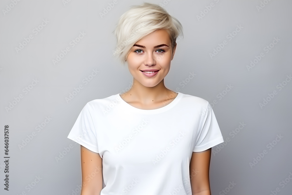 Wall mural Young beautiful blond woman model with haircut hair in white t-shirt posing on light grey background