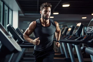 Foto op Canvas Young man in sportswear running on treadmill at gym, man workout in gym healthy lifestyle © Morng