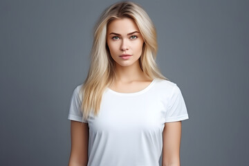 Fototapeta premium Young beautiful blond woman model with long hair in white t-shirt posing on light grey background