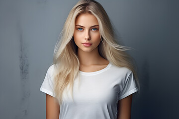 Fototapeta premium Young beautiful blond woman model with long hair in white t-shirt posing on light grey background