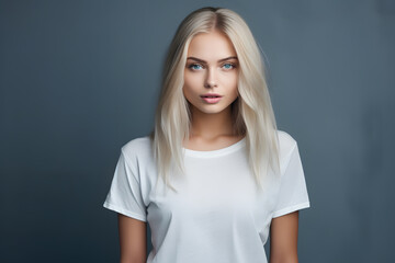 Obraz premium Young beautiful blond woman model with long hair in white t-shirt posing on light grey background