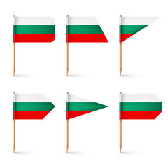 Bulgarian toothpick flags. Souvenir from Bulgaria. Wooden toothpicks with paper flag. Location mark, map pointer. Blank mockup for advertising and promotions. Vector illustration