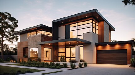 This Stunning Stock Photo Showcases a Beautifully Crafted Modern House Design Featuring a Bold and Sophisticated Facade with a Warm Color Palette and Exquisite Attention to Detail
