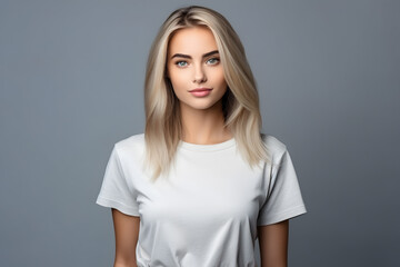 Fototapeta premium Young beautiful blond woman model with long hair in white t-shirt posing on light grey background