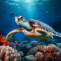 Obraz na płótnie Canvas green sea turtle in ocean water, sea life concept 