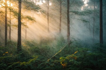 Obraz premium Spider web on the tree fog atmosphere lighting morning. ai generative